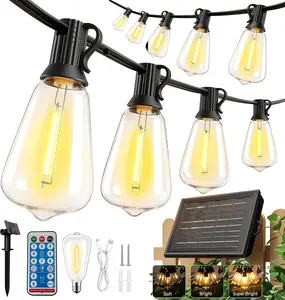 Solar String Lights Outdoor Waterproof with Remote & Timer, Shatterproof ST38 LED Patio Lights, USB & Solar Powered for Backyard Garden Camping Party,100FT(30+2 Bulbs)/50FT( 15+2 Bulbs)/17FT(10 Bulbs)