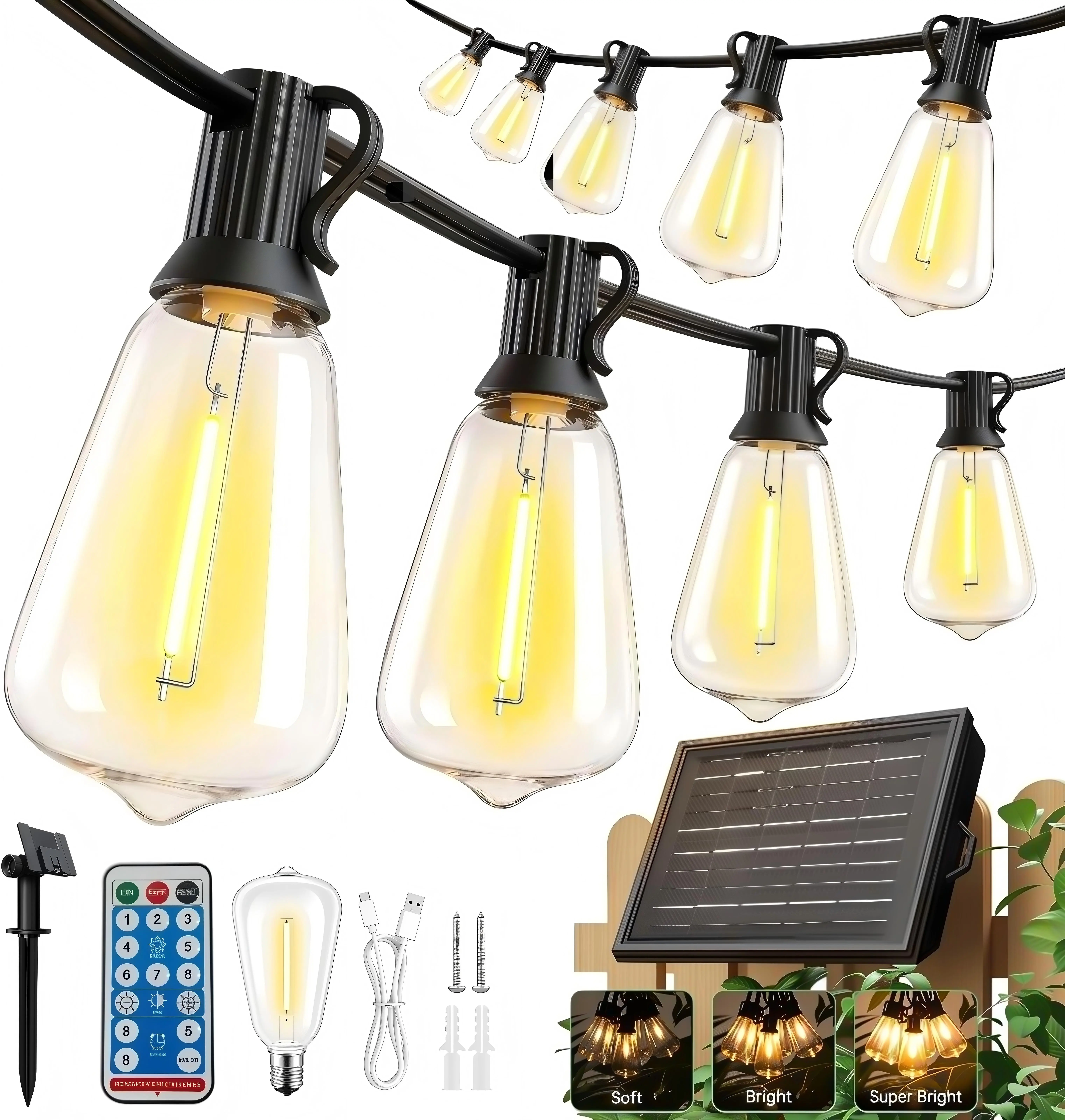 Outdoor Waterproof Warm Light Solar Strip Lights - Shatterproof ST38 LEDs, Remote & Timer, USB-Powered Backup, for Backyard Glow Up, 100FT(30+2 Bulbs)/50FT(15+2 Bulbs)/17FT(10 Bulbs)