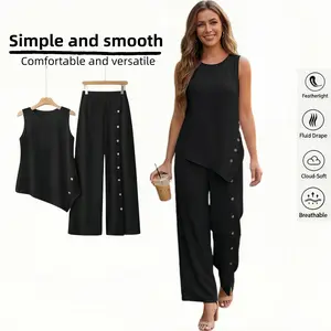 Women's Two-Piece Casual Set: Simple Summer Style—Asymmetrical, Fitted, Round-Neck Sleeveless Tank Top and Loose-Fit Wide-Leg Pants. Perfect for daytime wear indoors and outdoors. Can be paired with a hooded accessory for a summery vibe.