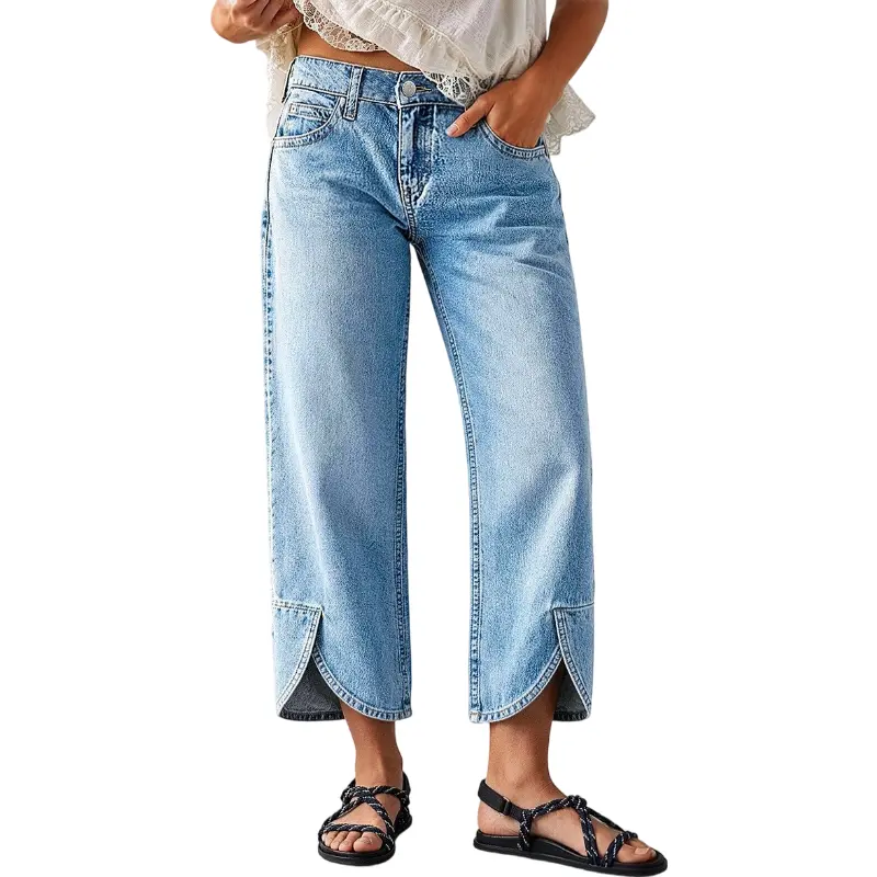 Flamingals Wash Split Hem Mid Rise Wide Leg Crop Jeans Womenswear Stretchy 25" Inseam