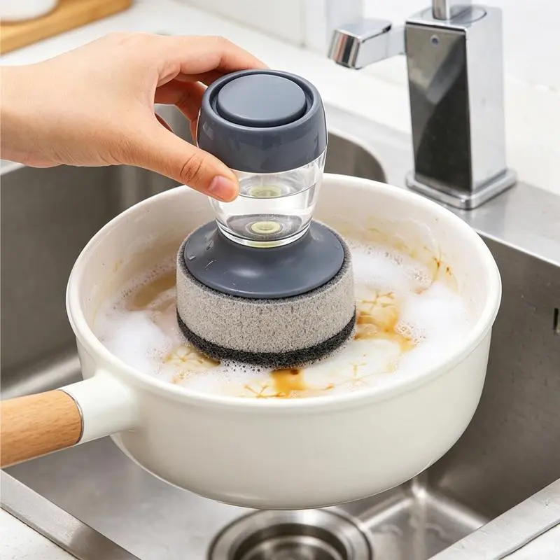 Press-Type Silicone Soap Dispensing Cleaning Brush, Multifunctional Kitchen Dish Scrubber with Sponge and Handle