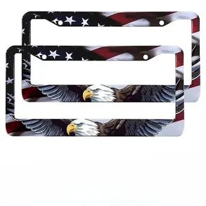 Eagle License Plate Frame Brackets – 2-Pack Patriotic Universal Aluminum Matte Stripe Design, American Flag Gloss License Plate Frame Cover with Screw Fastener Covers, Gift Car Accessories for Trucks & Vehicles