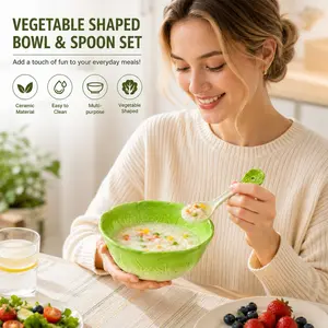 Cabbage Shape Bowl Spoon Set, Ceramic Small Bowls and Spoons, Kitchen and Restaurant Essentials, Ideal for Ice Cream, Desserts, Fruits, Cheese, Snacks, Pasta, Rice, BBQ