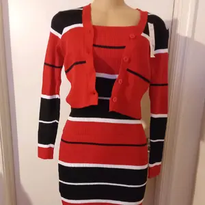 Striped Red and Black Knit Dress with Matching Cardigan midi dress- Perfect for Casual Wear