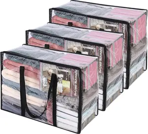 3 Pack Foldable Clothes Storage Bags – 40L Clear Organizer Bags for Duvets, Blankets, Toys & Moving