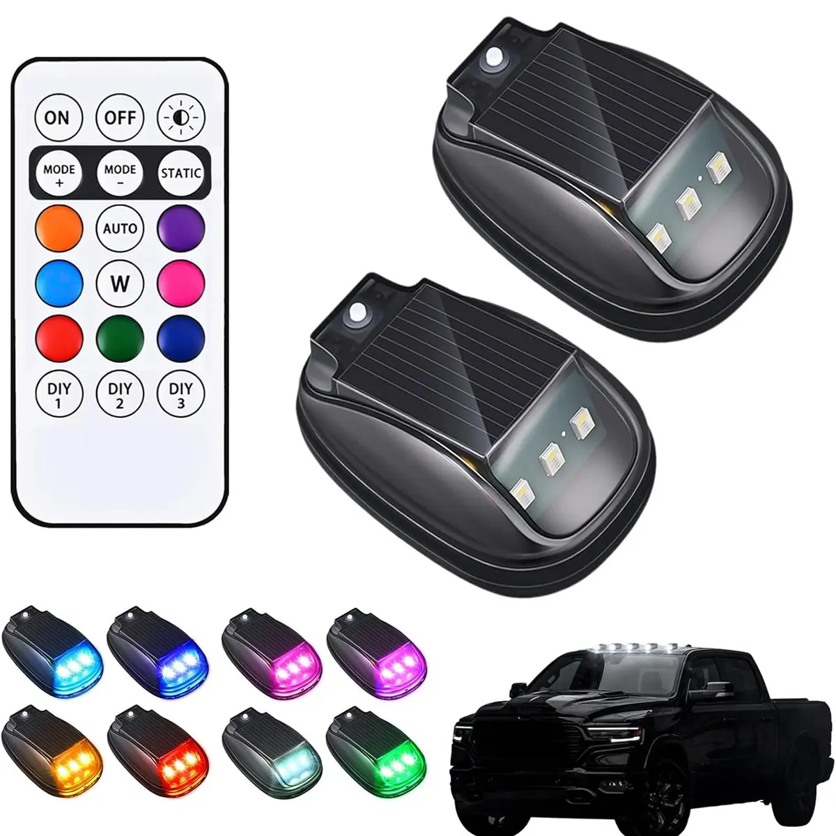 【Father's Day gift】Solar Car Roof RGB Light With Remote Control Cab Signal Lamp Wireless No Punch LED Truck Pickup Warning Lights for Camping Enhanced Night Visibility & Interior Lighting