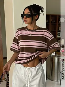 Red White Striped T Shirt Horizontal Stripe Tee Oversized T Shirt Women Loose Fit Striped Top Boyfriend Style Tee Drop Shoulder T Shirt Half Sleeve Tee Crewneck Stripe T Shirt Ringer T Shirt Contrast Trim Tee Casual Streetwear Top Vintage Stripe T Shirt