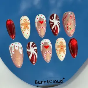 "Gingerbread Men" Press On Nails: Red Glitter, Christmas, Cat Eye, Candy Canes, Custom Hand-painted