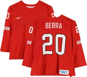 Reto Berra Team Switzerland Player-Worn #20 Red Jersey vs. Team Latvia on February 12, 2014 - Worn During Warmups