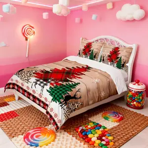 Kids Christmas Duvet Cover Set,Deer Pine Snowflake Bedding Set,Girls Boys Adults Room/Xmas Cabin Decor,Brown Wooden Plank Comforter Cover,Rustic Farmhouse Quilt Cover