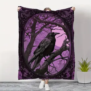 1pc Gothic Crow Print Flannel Blanket - Soft Warm All-Season Throw with Purple Raven & Tree Silhouette Design, Ornate Gothic Border for Office, Camping, Travel - Machine Washable Cozy Gift