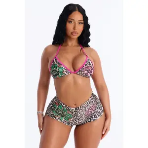 Ed Hardy Leopard Rhinestones Boyshort 2 Piece Bikini - Brown/combo