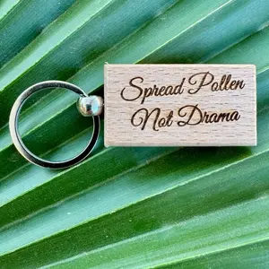 Bee Drama-Free Keychain - Laser Engraved Wood Charm with "Spread Pollen Not Drama" Text and Beads