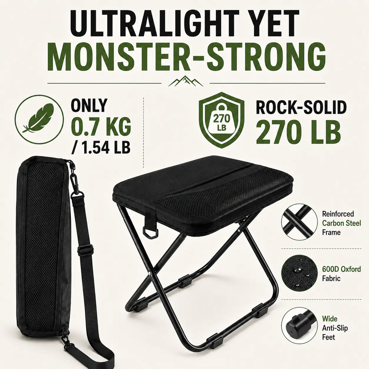 Unisex Nylon Fabric Portable Folding Stool - Compact Adult Fit Collapsible Backpack Chair, 12in Seat Height, 300lbs Capacity, 1.65lbs Ultralight, Hand-free Carry Sling, Side Storage Pouch - Ideal for Camping, Hiking, Outdoor Events