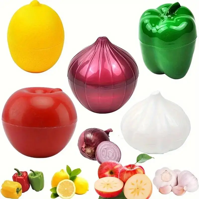 Reusable Fruit & Vegetable Storage Container, 5 Counts/set Plastic Boxes for Refrigerator Storage, Preserving Containers for Green Pepper, Lemon, Onion, Tomatoes, Garlic, and More, Kitchen Supplies