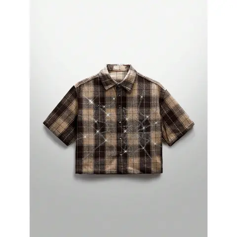 【Order Size Up】Unisex Spring Summer Glitter Street Style Crystal Spider Web Plaid Short Sleeve Woven Shirt