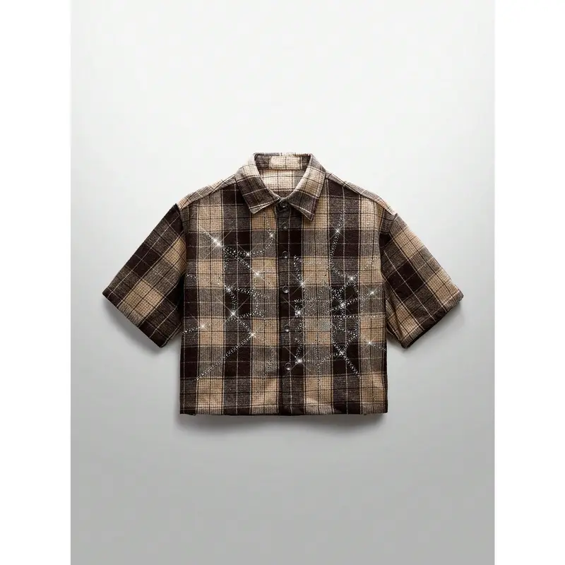 【Order Size Up】Unisex Spring Summer Glitter Street Style Crystal Spider Web Plaid Short Sleeve Woven Shirt