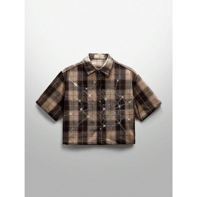 Men's Street Style Crystal Spider Web Plaid Short Sleeve Woven Shirt