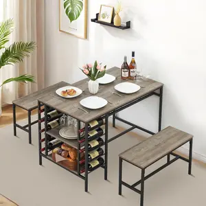 Garvee Dining Table Set for 4 People, Kitchen Table for 4 with 2 Benches, 3 Pieces, Dining Table for Small Apartments, Gray