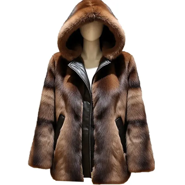 Men’s Luxury Hooded Fur Coat – Brown Gradient Plush Winter Jacket with Leather Trim