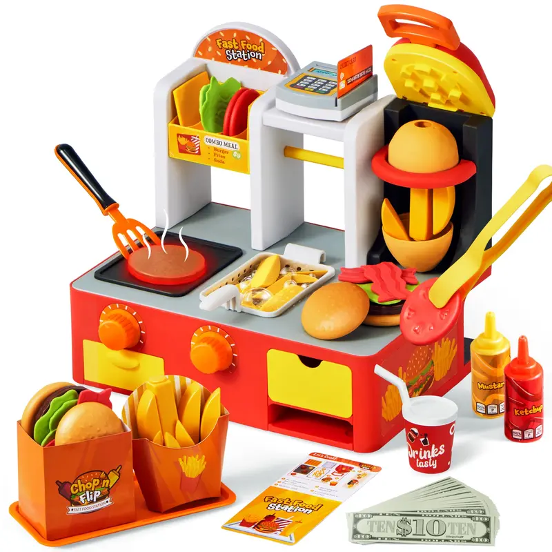 Play Kitchen Toddler Toy - 40+ PCS Fast Food Station with Potato Cutter, Simulated Frying Effect & Lights, Order & Drink Station - Pretend Play Food Toy Birthday Gift for Boys Girls teen girl gifts