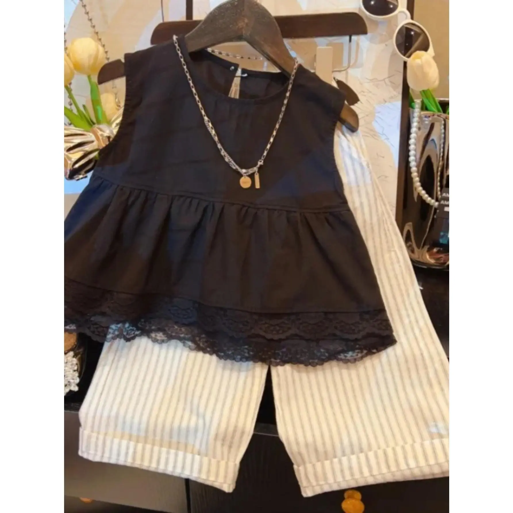 Girls' 100% Cotton 2-Piece Outfit, Casual Lace Trim Tank & Loose Striped Pants Set, Spring/Summer Daily Wear for Ages 3-7, Basic, 3 - 4 Years, 4-5Y