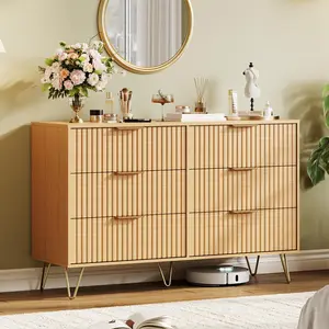 Fathersdaygift Summervibes Flash Sale Home Items Fluted 6-Drawer Dresser for Bedroom, 47" Wide Modern Wooden Chest with Metal Handles, Versatile Clothes Storage Organizer & TV Stand for Living Room, Hallway & Closet