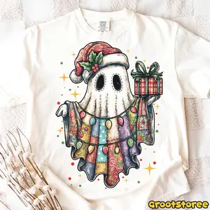 Retro Patchwork Christmas Ghost Shirt, Cute Santa Hat Ghost T-Shirt, Retro Holiday Patchwork Tee, Funny Xmas Gift Shirt