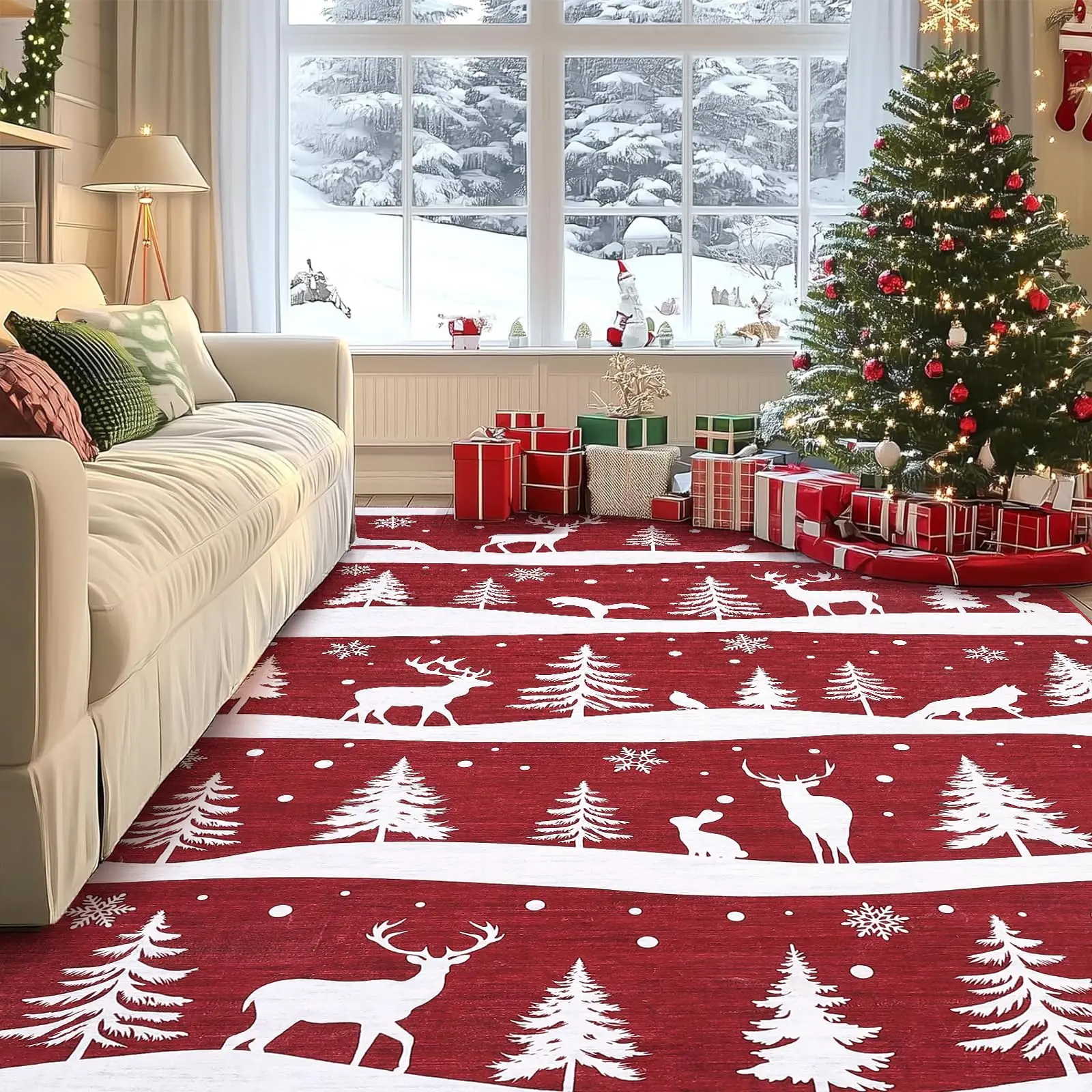 Area Rugs Living Room, Christmas Rugs with Xmas Tree Reindeer Snowflake for Holiday Decor, Non Slip Low Pile Washable Rug for Home, Red