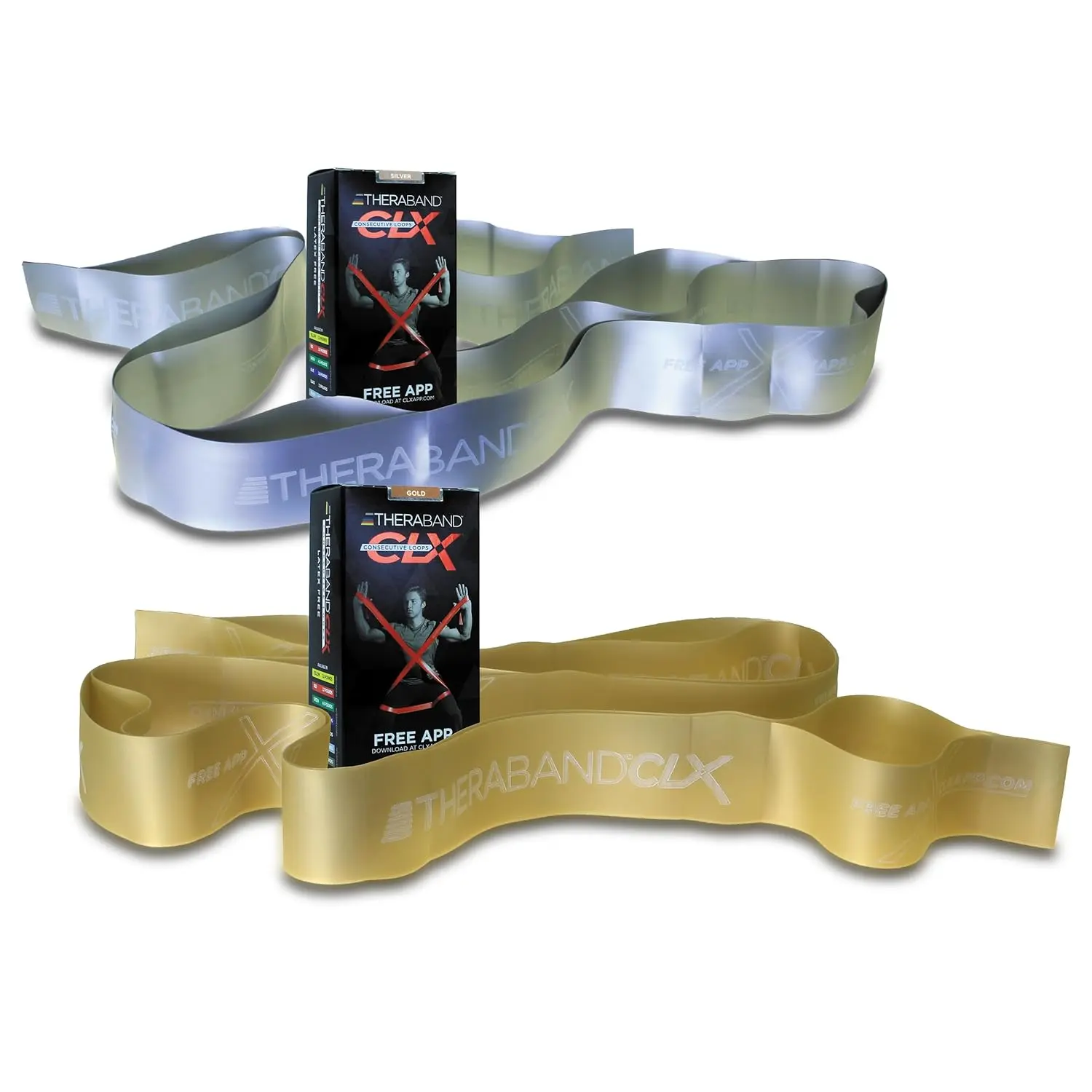 THERABAND CLX Resistance Band with Loops, 2 Pack Fitness Band for Home Exercise and Workouts, Portable Workout, Functionality for Athletes, 5’ Consecutive Loops, 2-Pack Super Heavy/Max, Silver-Gold