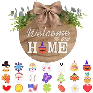 Interchangeable Welcome Home Sign Seasonal Front Porch Door Decor With 21 Changeable Icons for Halloween Christmas Independence Day Rustic Wood Wreaths Wall Hanger for Housewarming Gift 12in
