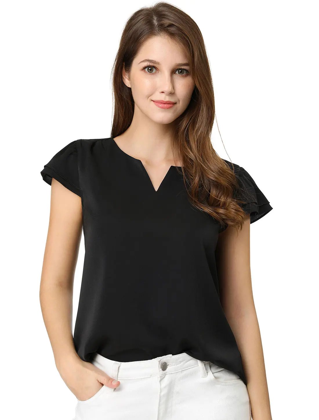 INSPIRE CHIC Work Business Casual Plain Cap Sleeve Fit Polyester Blouse Top