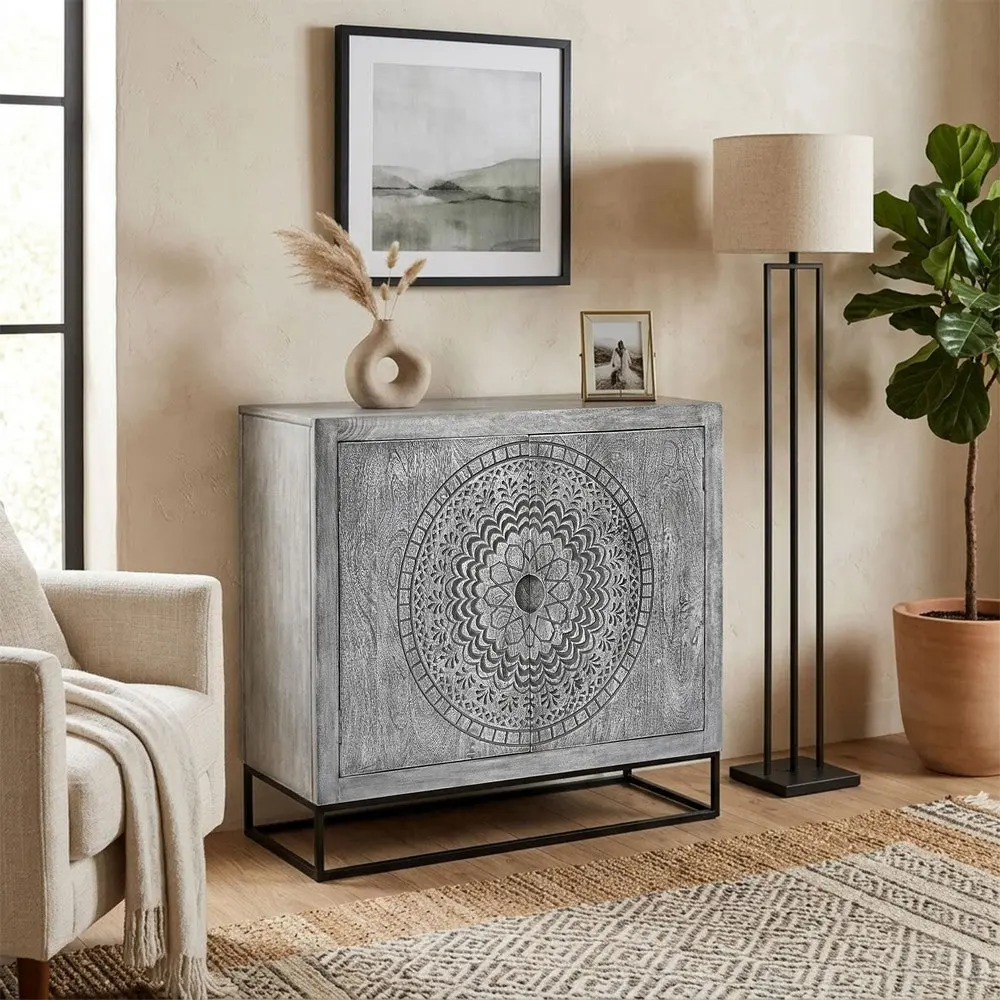 Zera 39 Inch Accent Cabinet with 2 Doors, Hand Carved Medallion, Sandblasted Gray Mango Wood, Black Iron Frame By The Urban Port