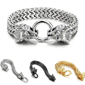 Men Stainless Steel Wolf Head Bracelet Hip Hop Rock Style Fashion Accessory Daily Wear Street Outfit Heavy Durable Metal Design
