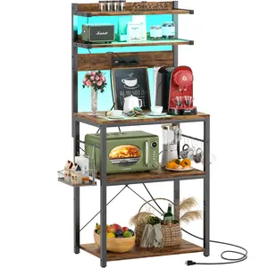 Bakers Rack with Power Outlet, 5 Tiers Microwave Stand, Coffee Bar Station with Led Lights, Kitchen Storage Shelf with 6 S-Shaped Hooks small kitchen men  room  accessories