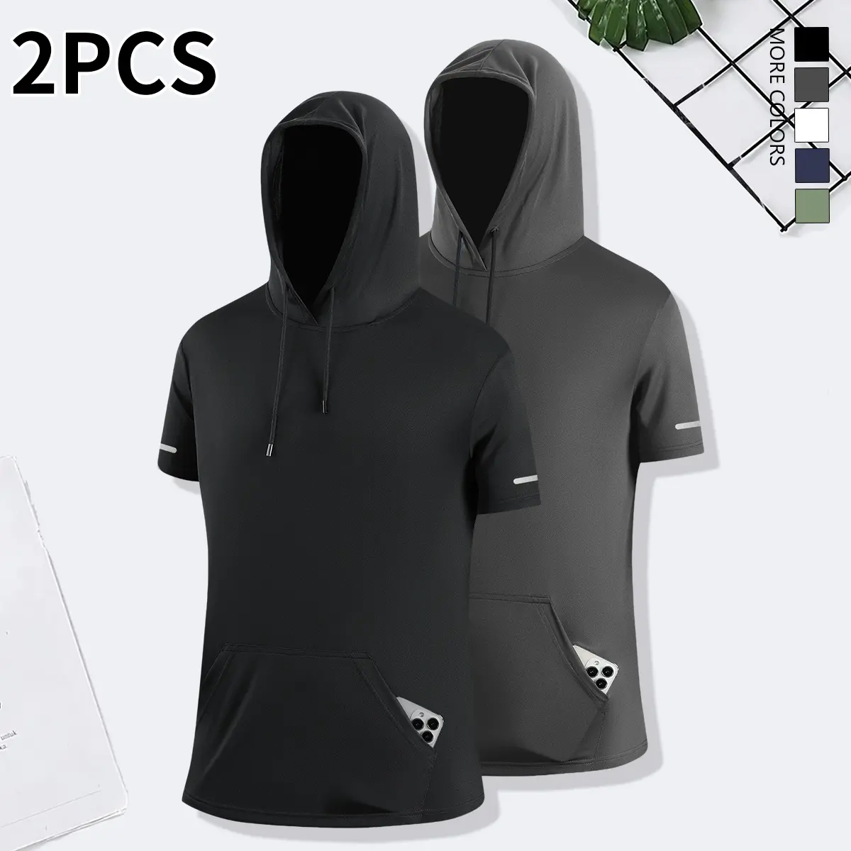 2-piece set: men’s summer hooded sports T-shirt, quick-drying and breathable basketball top for running and marathons, solid color short-sleeve shirt with pocket, casual yoga fitness wear; quick-drying, moisture-wicking short-sleeve sports T-shirt with ho