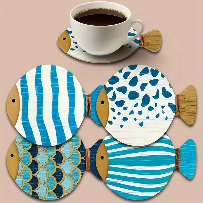 4Pcs Funny Fish Shape Coasters with Bright Blue and White Pattern, Heat Resistant Insulation Pads, Non-Slip Heat Proof Mats for Coffee Tea Cup, Pot, Bowl, Kitchen Dining Table, Ideal for Home, Bar, Office Decor