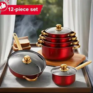 12 Piece Cookware Set Nonstick Pots and Pans Home Kitchen Cooking Non Stick Red