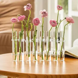 8-Piece Connected Glass Vase Test Tube Plant Holder, Transparent Hydroponic Containers for Office & Dining Table Decor, Floral Home Accent