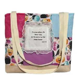 Multi Colored Pumpkins Bible Verse Tote Bag with Colorful Design and Inspirational Quote from Isaiah 40:8