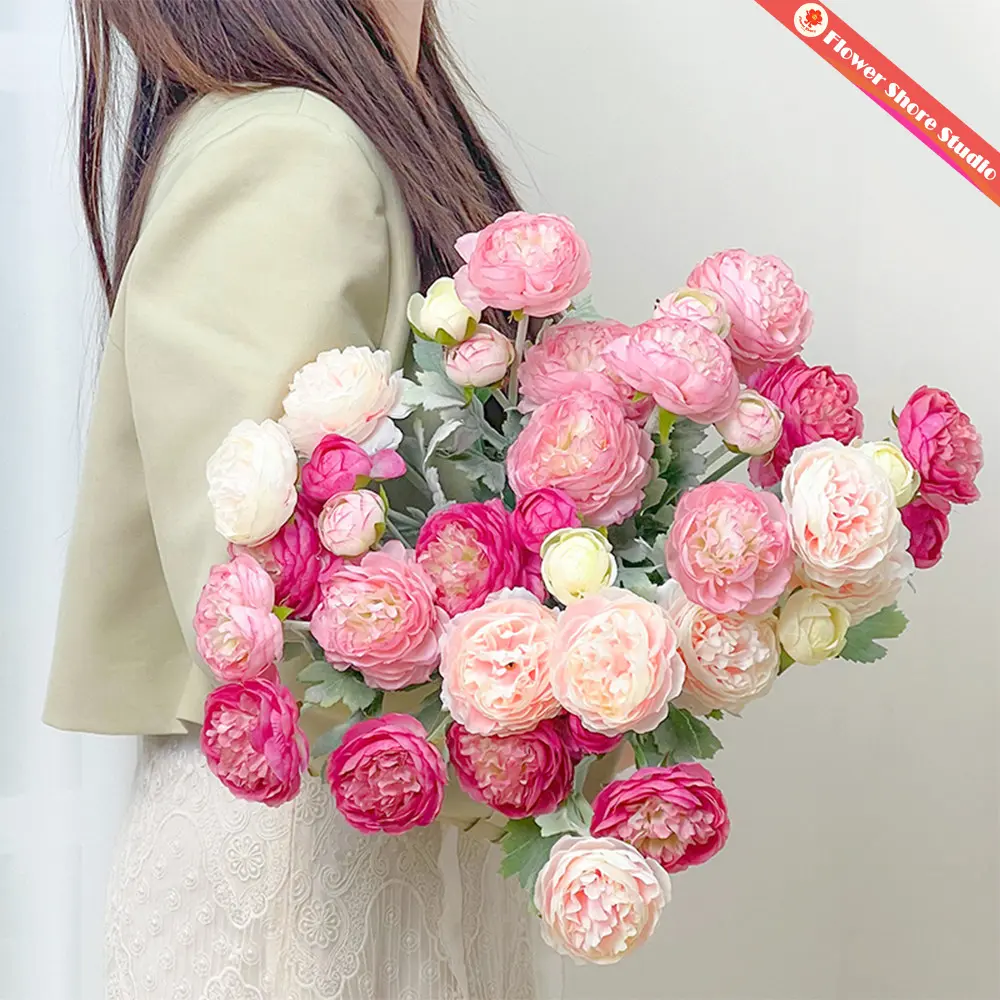 20 Pcs Premium Silk Ranunculus & Peony Pink Artificial Flowers - Pink-Cream-White Dusty Stems, Realistic Fake Blooms for Wedding Bouquets Decor, Daily Floral Decor, Auspicious Gift for Her