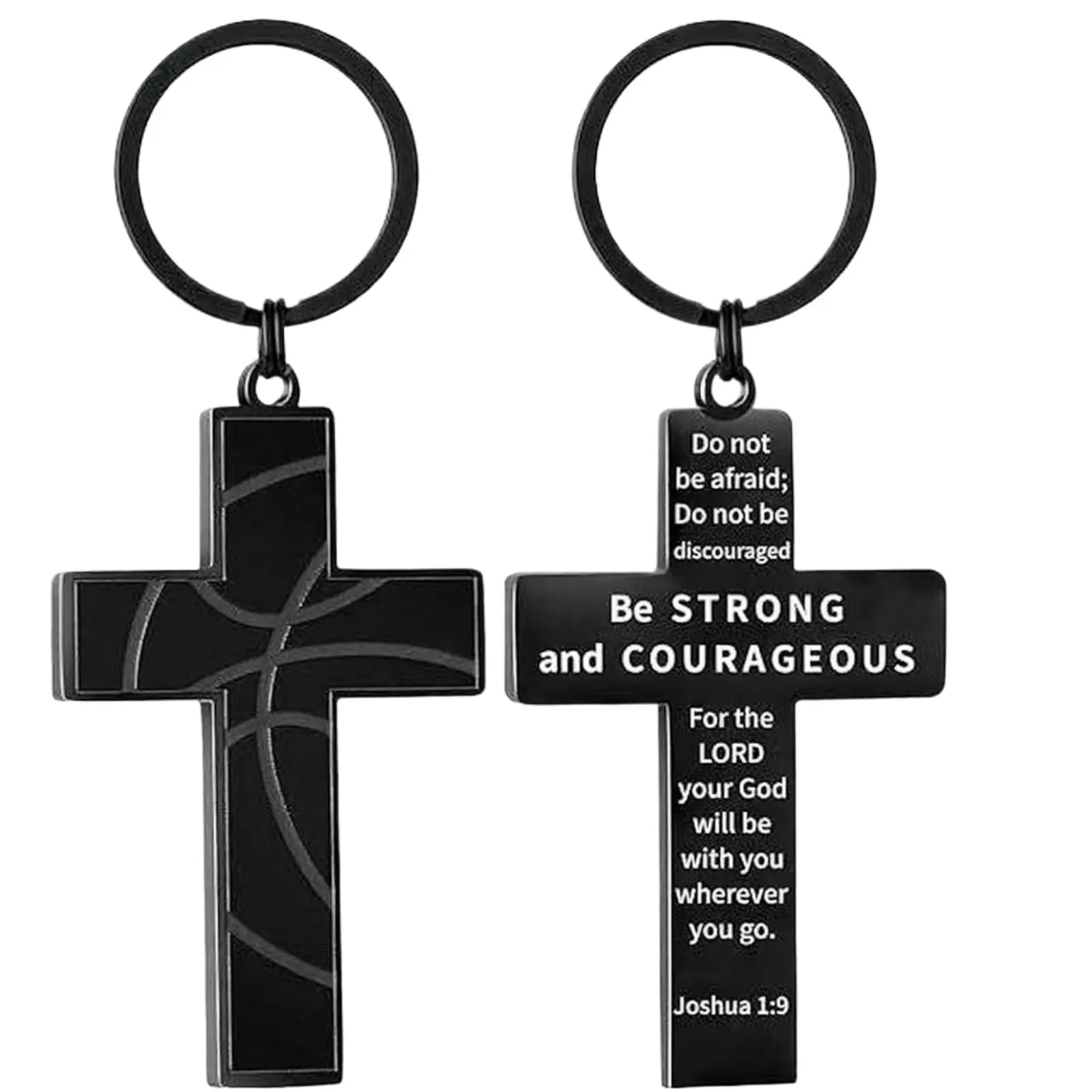 "Be Strong & Courageous" Matte Black Cross Keychain Joshua 1:9 Bible Verse Basketball Sports Keychain, Stainless Steel Faith Accessory, Christian Gift for Men Teen Boys Athletes