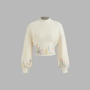 Cider [size 2-26] Knit High Neck Floral Embroidery Long Sleeve Crop Top