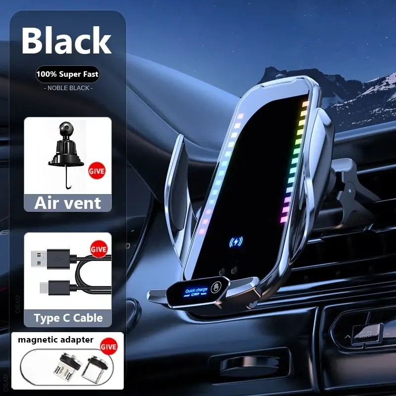 Wireless Charging Car Phone Stand - Phone Holder for Car with Rhythmic Ambient Light, Adjustable Arm, Included Clip, Air Vent & Dashboard Compatibility
