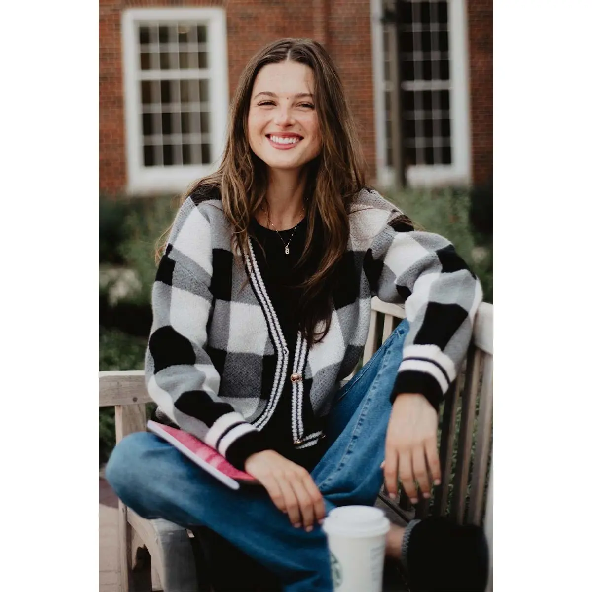 Open Front Black Plaid Cardigan Sweater