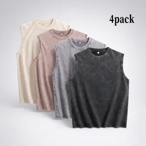 4pack Mens Workout Tank Tops Sleeveless Tee Shirts Men Muscle Shirt Gym Acid Wash T Shirts Running Beach Loose Fit Tee