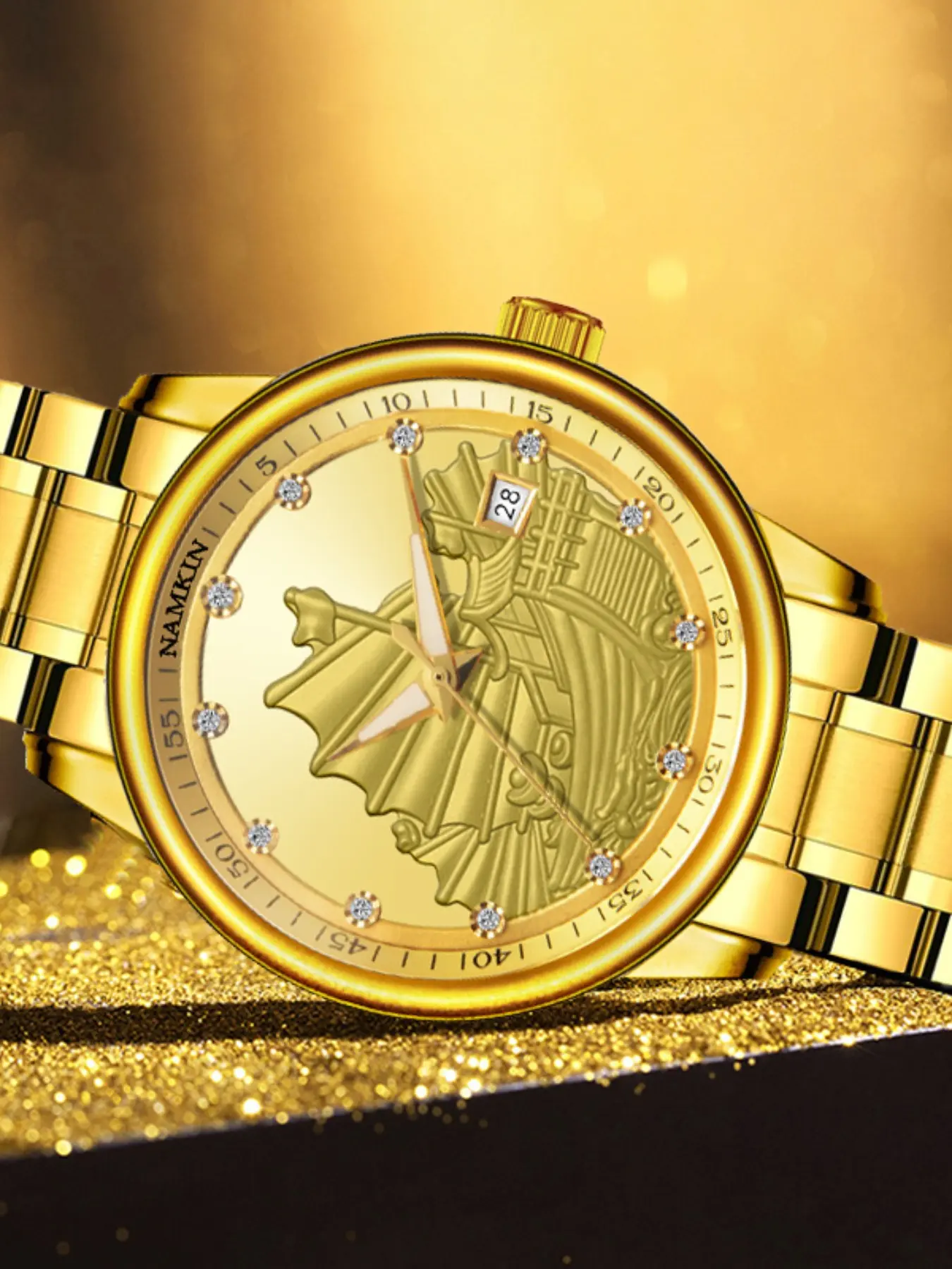 Namkin Men's Mechanical Alloy Watch, Chinese Style, Embossed Dial with Diamond Decor, Date Display, Cultural Dress Business Gift