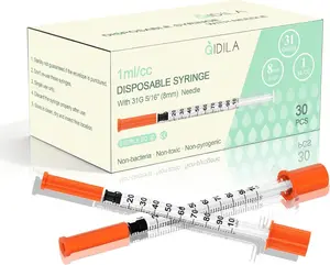 U-100 1mL/cc Disposable Syringe with 31G 5/16"(8mm) Needle |   Individually Wrapped |   30 Pack