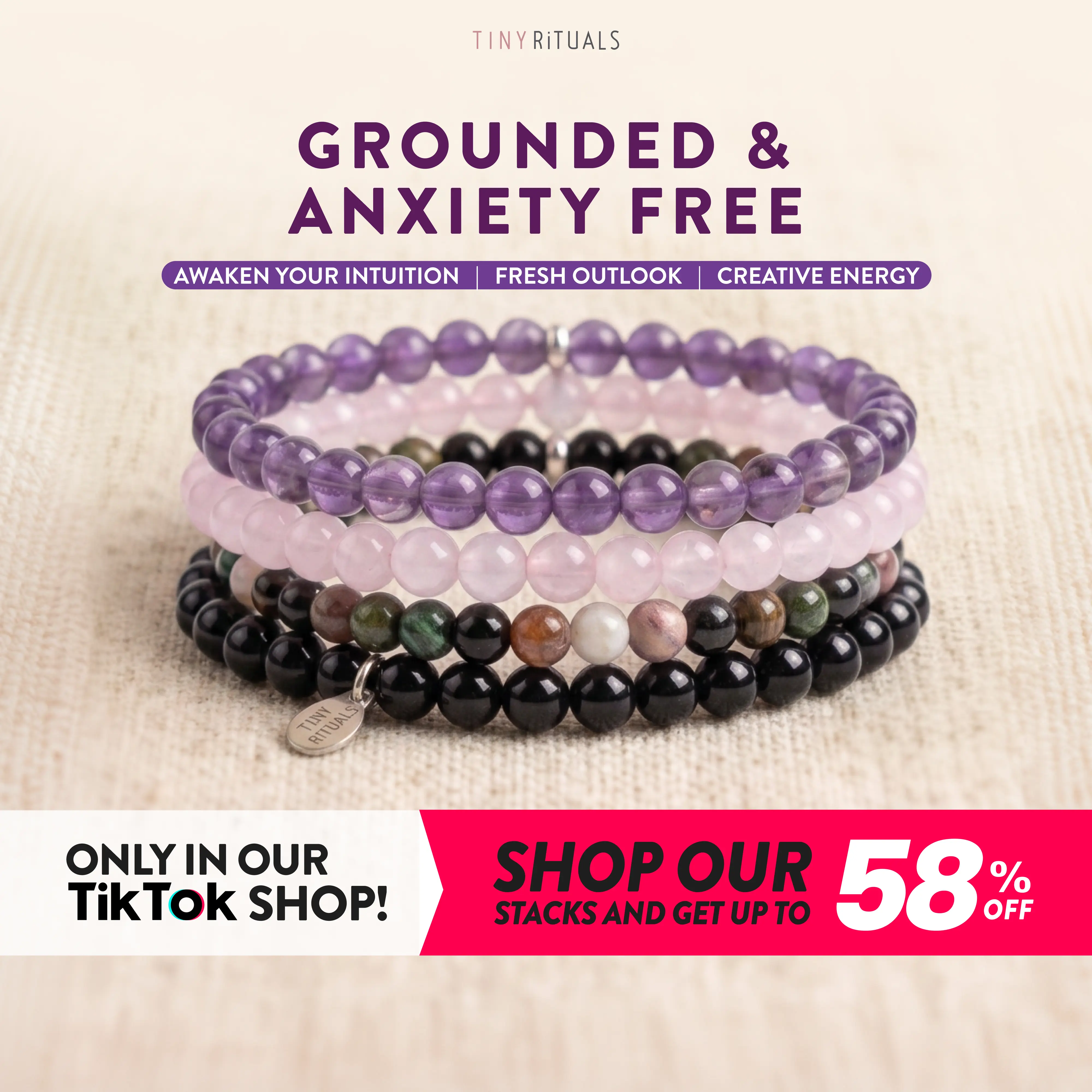 TINY RiTUALS Grounded & Anxiety Free Semiprecious Stone Bracelet-Anklet Pack, Jewelry Accessory for Stress Relief