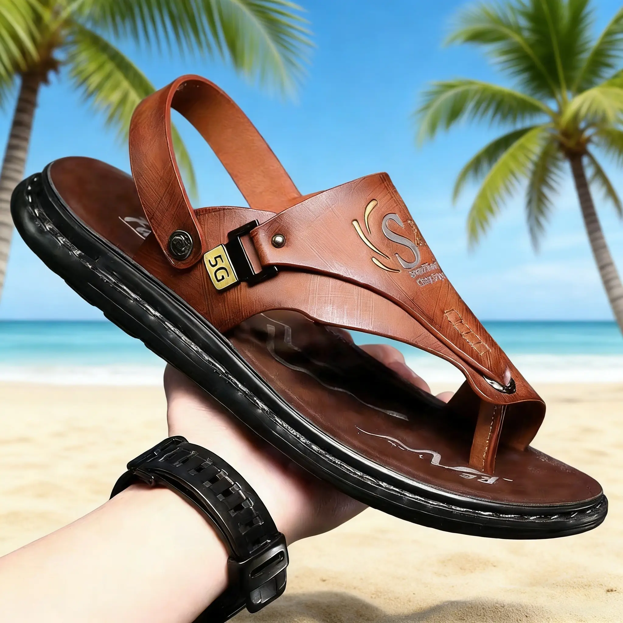 Summer Secret Men's Soft Adjustable Slide Sandals - Italian Inspired Dual Buckle, Arch Support, Anti-Slip Sole, Versatile for Wide/Narrow Feet, Beach/Indoor Use, Slide On Sport Footwear, Slide On Sandals